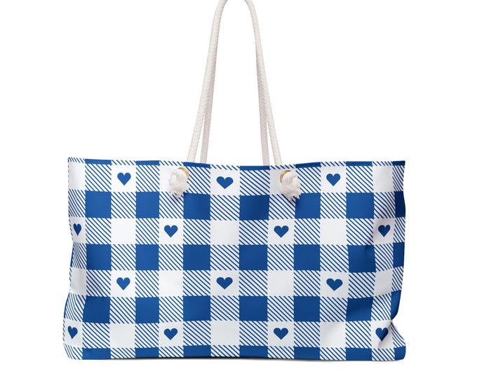 Morning Glacier Gingham Hearts Weekender Bag | Plaid Tote, Nautical Picnic Print