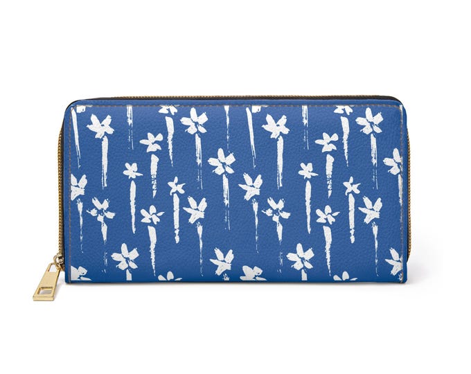 Handpainted White Floral Pattern Zipper Wallet | Blue Floral Wallet