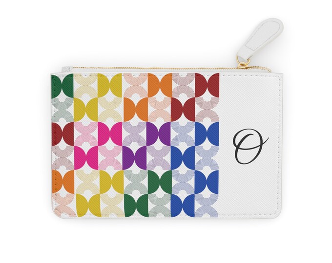 Personalized Womens Card Holder, Rainbow Mid Century Modern, White with Initial O, Mini Clutch Wallet
