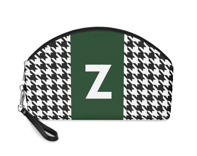 Forrest Green, Black, and White Houndstooth patterned Makeup Bag, Personalized with Initial Z, Her Makeup bag, Initialized