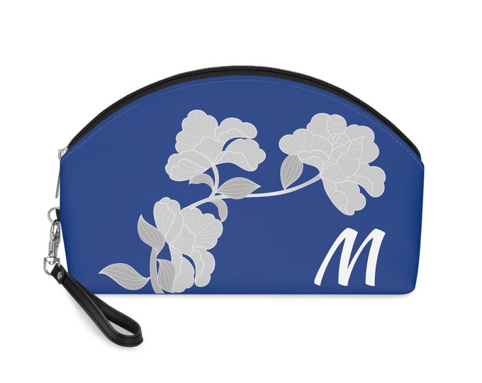 White and Blue Womens Floral Makeup Bag, Personalized with your Initial, Zippered Cosmetic Bag, Initial M