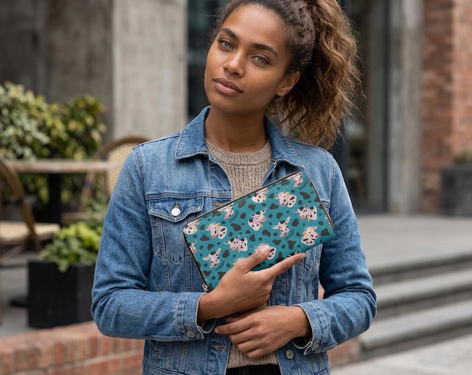 Dark Aqua Cute Cow Print Zipper Wallet