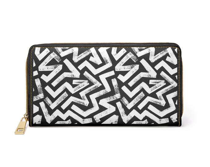 Black White Geometric Star Pattern Zipper Wallet | Abstract Monochrome Design