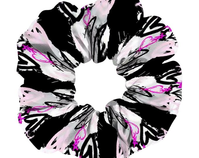 Pink & Purple Diamond Hearts Graffiti Scrunchies – 6-Pack Black Style Hair Ties for All Hair Types, Cute Soft Durable Gifts for Her