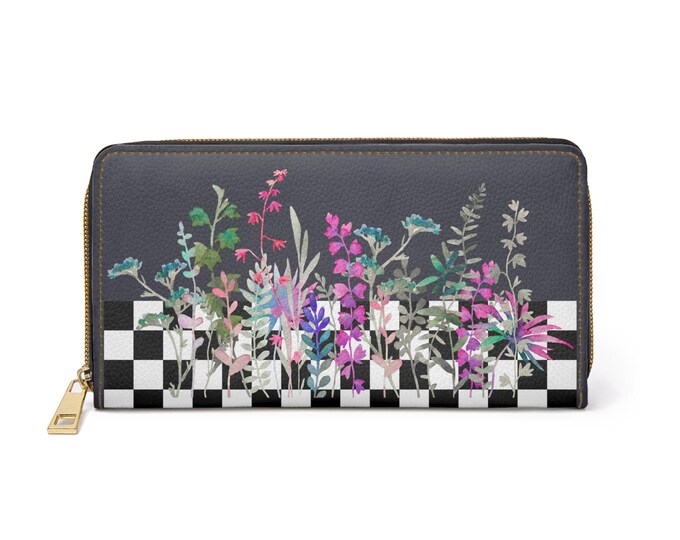 Wildflower Checkerboard Wallet – Iron Black Faux Leather Zip Wallet with Colorful Botanical Print | Iron Woman 80
