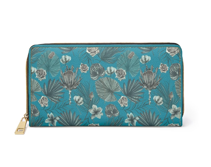 Dark Aqua Vintage Tropical Floral Zipper Wallet | Palm Leaves, Neutral Blooms