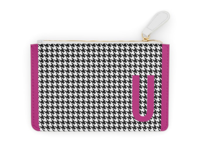 Houndstooth Magenta Detail Initialized, U Initial, Personalized Mini Clutch Bag, Womens Zippered Card Holder