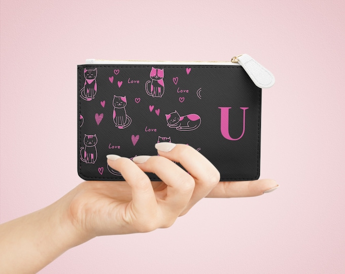 Pink Love Cats Black Wallet, Zippered Clutch, Personalized Wallet, Mini Clutch Bag, Initial U