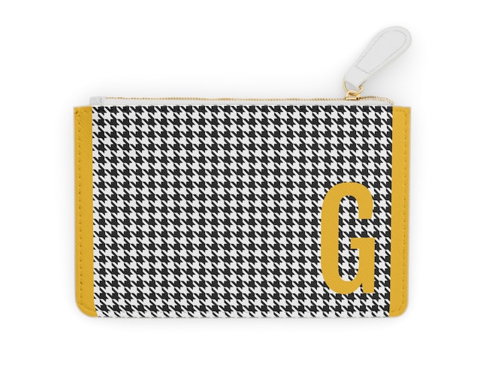 Houndstooth Marigold Detail Initialized, G Initial, Personalized Mini Clutch Bag, Womens Zippered Card Holder
