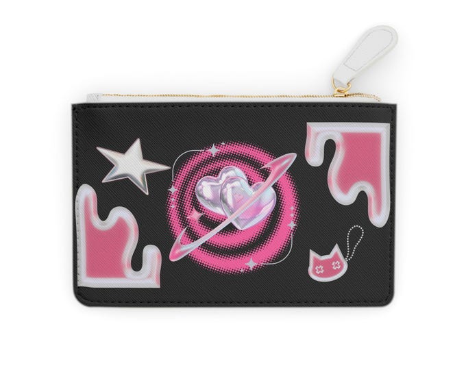Y2K Black and Pink Pink Saturn Heart design Mini Clutch Bag | space print
