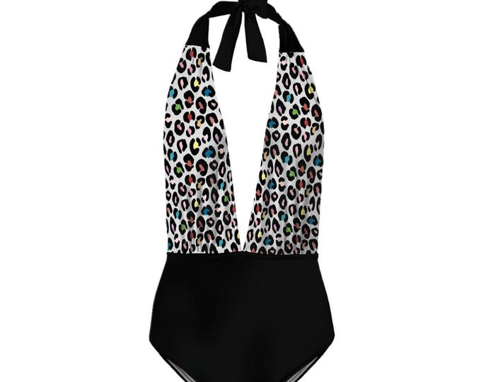 Rainbow Leopard Print Deep V One Piece Black Swimsuit