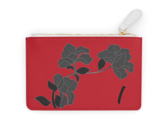 Red and Black Womens Floral Small Wallet, Personalized with your Initial, Zippered Cardholder, Initial I, Mini Clutch Bag