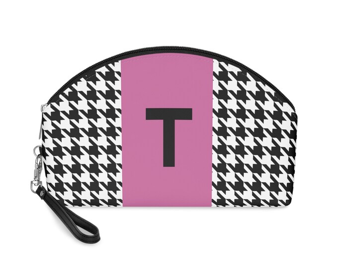 Pink, Black, and White Houndstooth patterned Makeup Bag, Personalized with Initial T, Her Makeup bag, Initialized