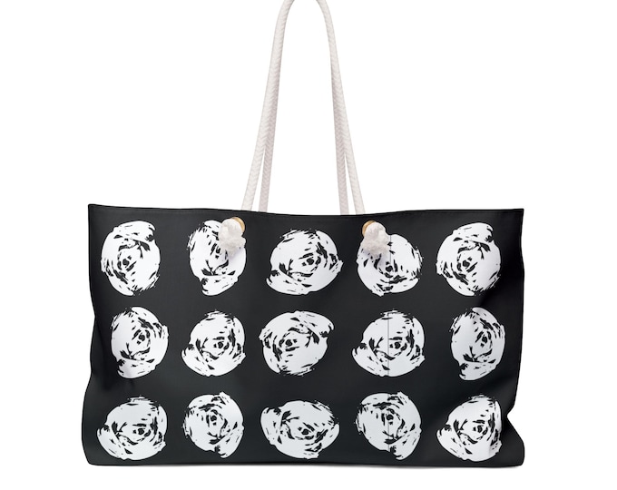 Abstract White Rose Pattern Weekender Tote Bag | Black Floral Travel Bag