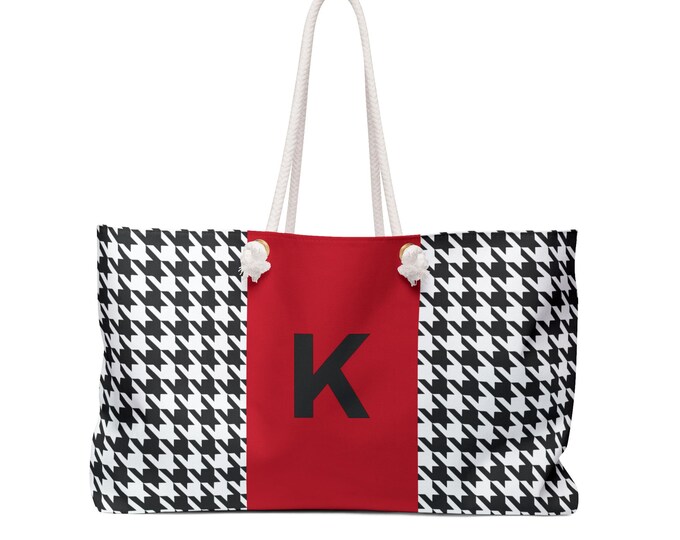 Houndstooth Black and White with Red and Black K Initialized Detail Womens Weekender Tote Bag