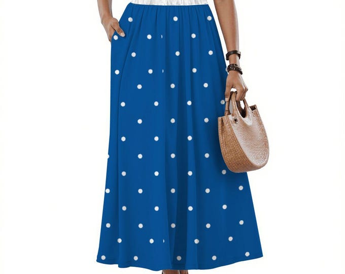 Morning Glacier with White Polka Dots Midi Skirt with Pockets | High Waist Pleated Skirt S-2XL | Casual, Work, Summer & Everyday Style
