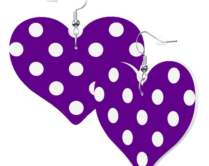 White Polka Dot Purple Heart Shape Leather Earrings