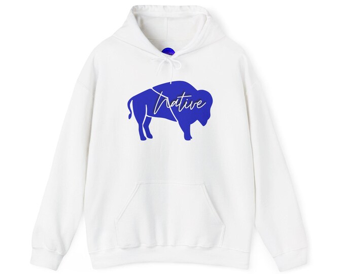 Native Bison Blue Graphics Hoodie Unisex Fleece Pullover White, Black, Light Blue and Pink