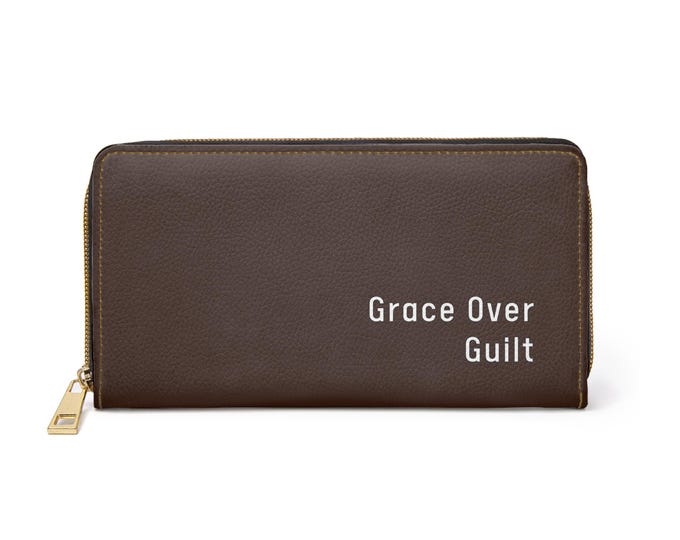 Grace Over Guilt Zipper Wallet | Brown Faux Leather Scripture Phrase