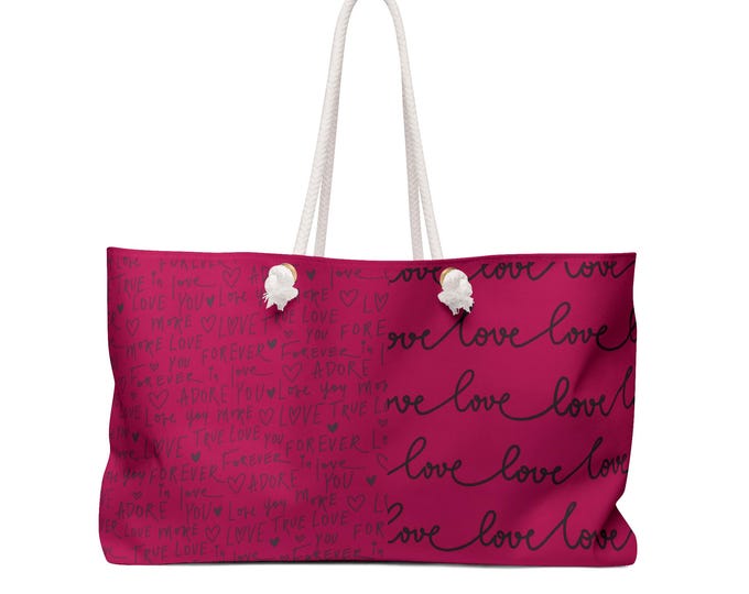 Handwritten 'Love' Script Weekender Bag | Chokecherry Bloom Script Pattern