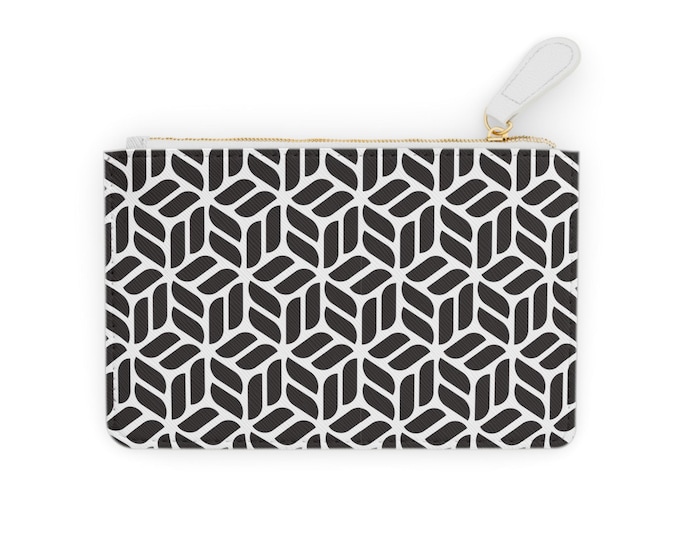 Geometric Cube Pattern Mini Clutch Bag | Black White Modern Zip Pouch