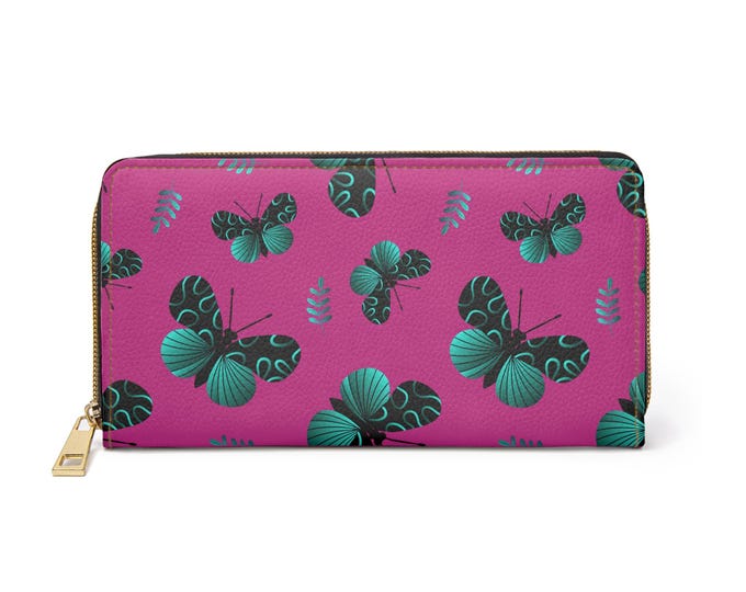 Green Butterflies and Pink Zipper Wallet