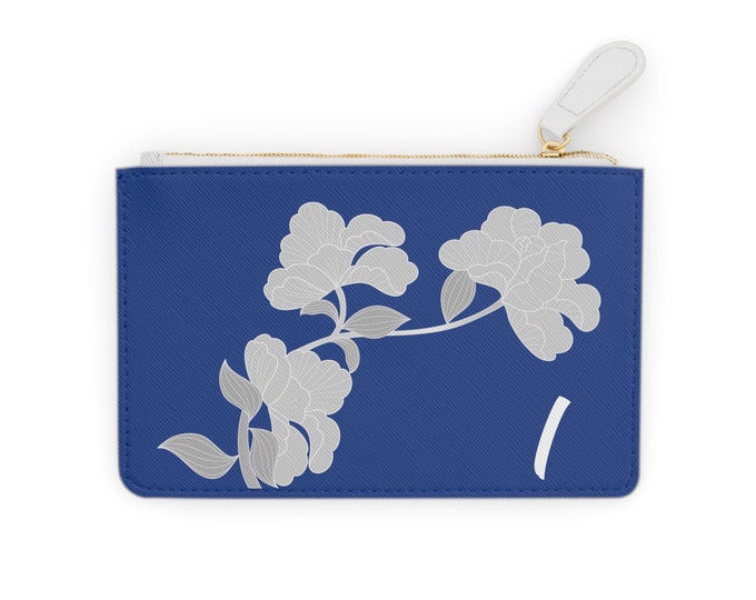 White and Blue Womens Floral Small Wallet, Personalized with your Initial, Zippered Cardholder, Initial I, Mini Clutch Bag