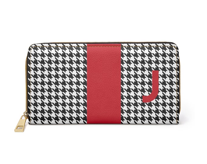 Houndstooth Black and White with Red J Initialized Detail Womens Zippered Wallet