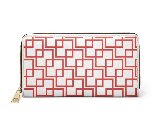 Coral Geometric Square Pattern Zipper Wallet | Modern Grid Design