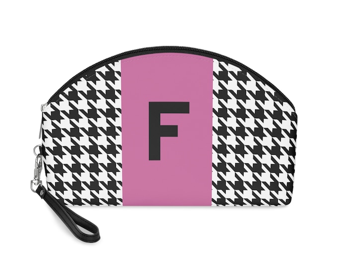 Pink, Black, and White Houndstooth patterned Makeup Bag, Personalized with Initial F, Her Makeup bag, Initialized