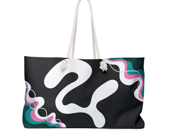 Abstract Fluid Wave Weekender Tote Bag | Black Teal Pink Swirl