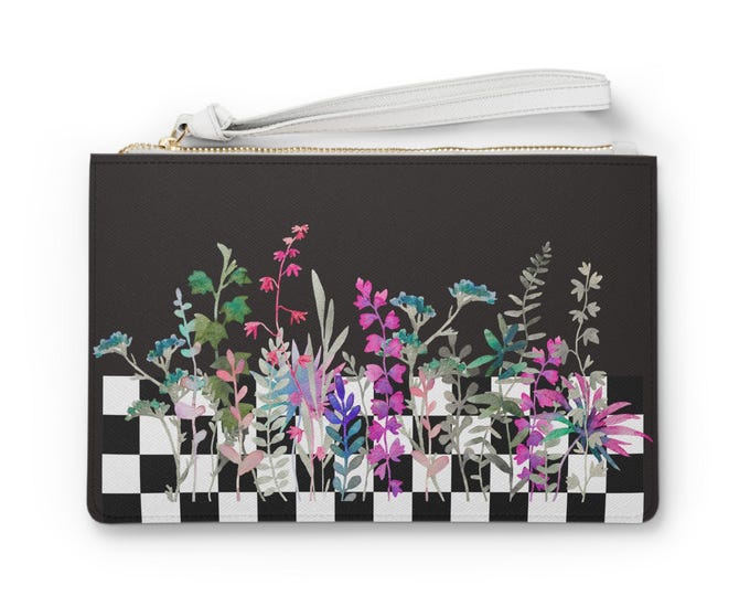 Buffalo Gray Floral Checkered Clutch Bag | Chic Accessories, Everyday Use, Gifts for Her, Evening Out, Travel Essentials