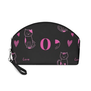 Pink Love Cats Black Makeup Bag, Accessory Bag, Personalized Cosmetic Bag, Women&#39;s Bag, Initial O
