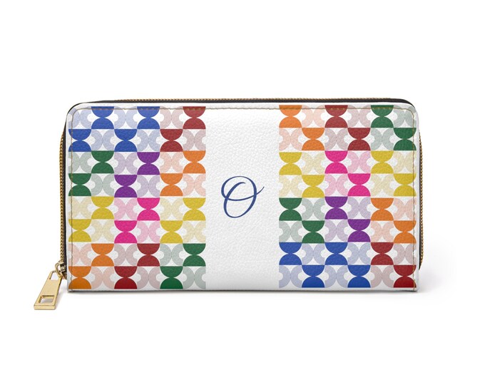 Personalized Womens Wallet, Rainbow Mid Century Modern, White with Initial O, Zippered Wallet