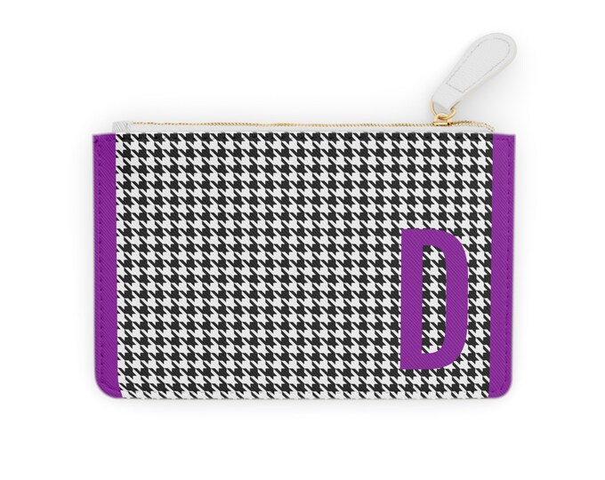 Houndstooth Purple Detail Initialized, D Initial, Personalized Mini Clutch Bag, Womens Zippered Card Holder