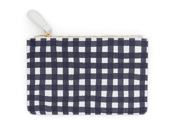 Navy Gingham Mini Clutch Bag | Checkered Zipper Pouch