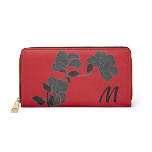 Red & Black Floral Wallet for Women | Personalized Zippered Wallet with Initial M | Faux Leather Gift for Her | Elegant Monogram Purse
