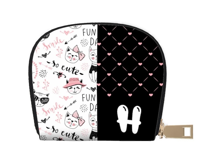Cute Cats Wallet – Pink, Black & White | Personalized Initial H | Leather Semicircle Card Holder | Women’s Mini Wallet