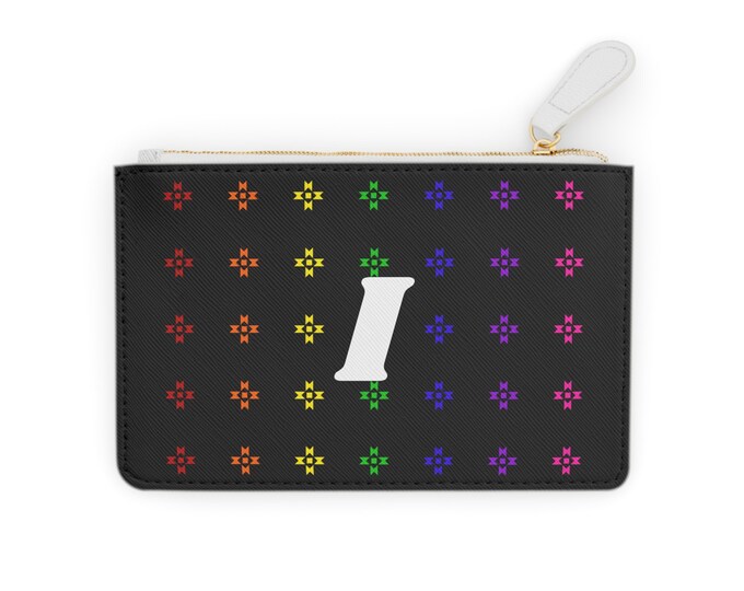 Rainbow Native Stars Mini Clutch, Personalized Cardholder, White Initial I, Initialized