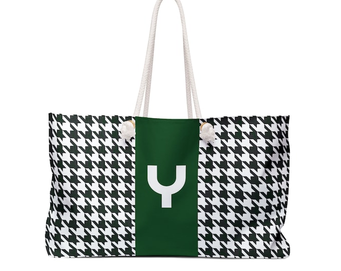 Houndstooth Forest Green Weekender Tote Bag | Personalized Y Initial Bag | Monogram Travel Bag | Oversized Rope Handle Purse for Her