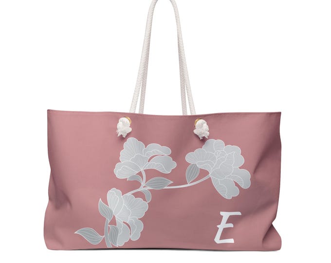 Featherlight  and White Women's Floral Tote, Personalized with your Initial, Bag, Choose Initial A-Z, Weekender Bag