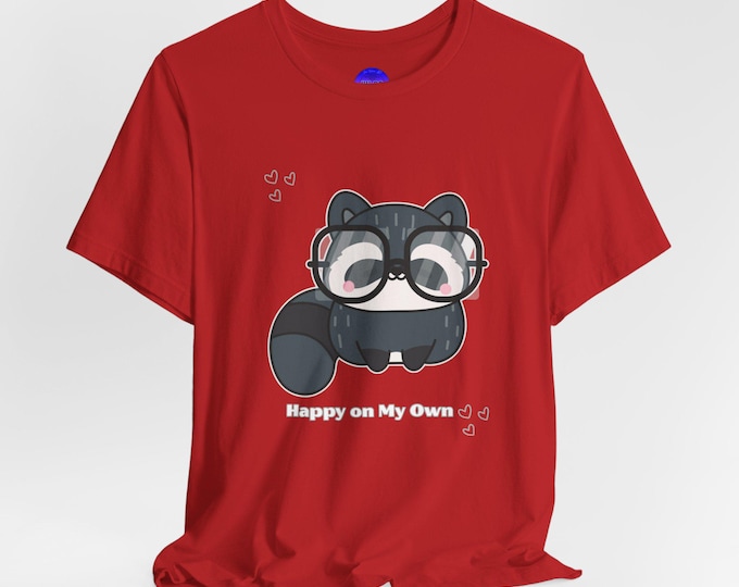Cute Raccoon with Glasses T-Shirt | Happy on my own Typography Animal Illustration