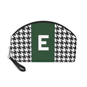 Houndstooth Makeup Bag: Personalized Initial E, Green Accessory Pouch