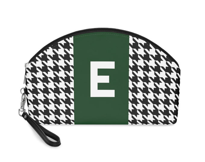 Houndstooth Makeup Bag: Personalized Initial E, Green Accessory Pouch