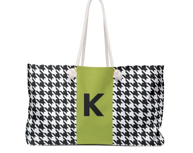 Lime Houndstooth Tote Bag, Personalized Initial K Weekender, Spun Polyester Travel Bag