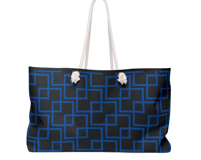 Blue Geometric Squares Weekender Bag | Modern Tile Pattern Tote