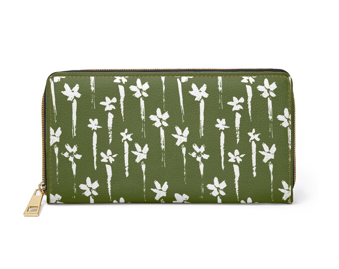 Handpainted White Floral Pattern Zipper Wallet | Green Botanical Print