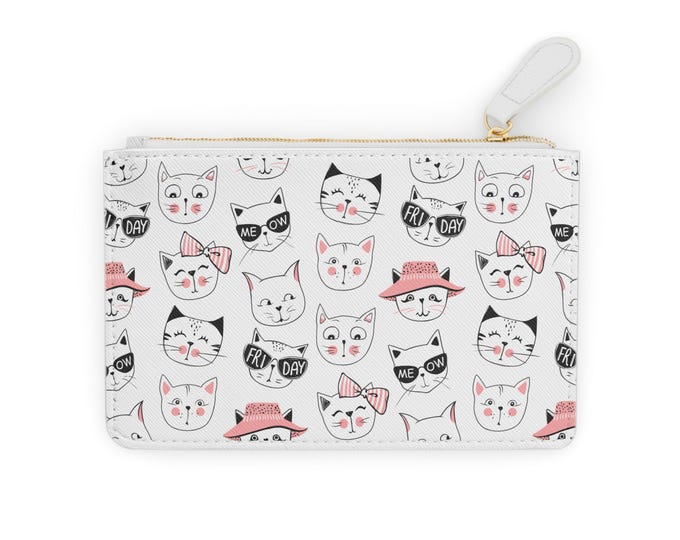 Cute Cat Faces Mini Clutch Bag | Pink Bow Hat Sunglasses Pattern