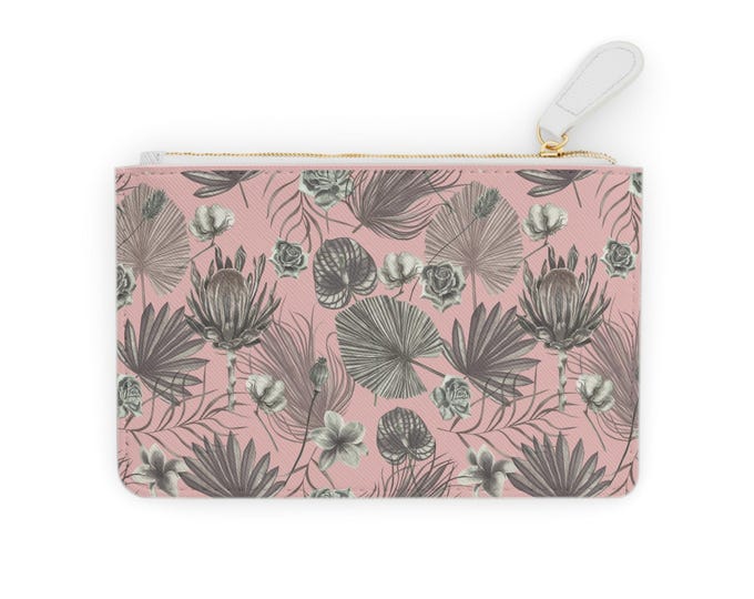 Vintage Tropical Floral Mini Clutch Bag | Pink Palm Leaves Pattern