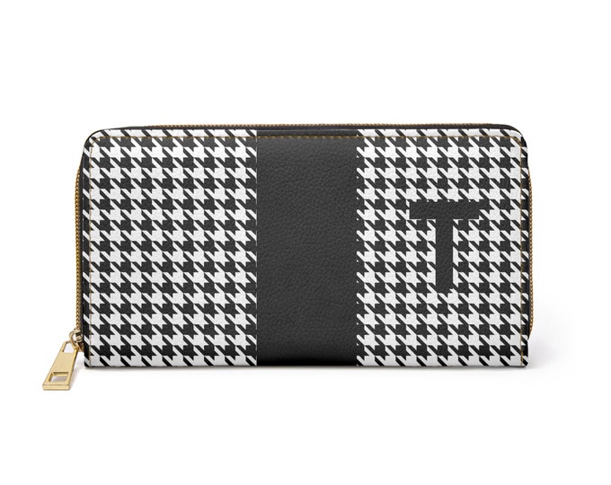 Personalized Houndstooth Wallet, Black & White Zippered Faux Leather Wallet with T Initial, Gift for Her, Iron Woman 80 Brand, Monogram